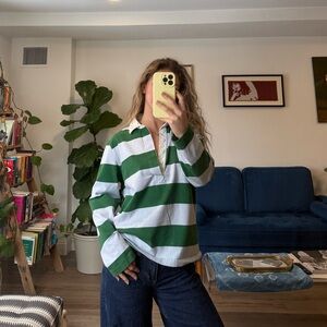 J. Crew Green and Light Blue Striped Rugby Shirt